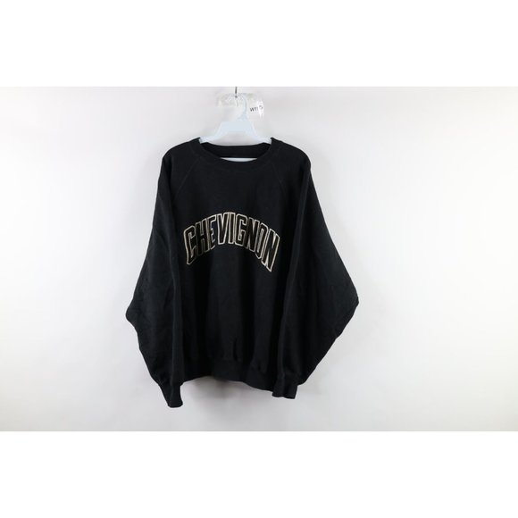 Vintage 90s Chevignon Large Faded Boxy Fit Spell Out Crewneck Sweatshirt Black - Picture 1 of 7